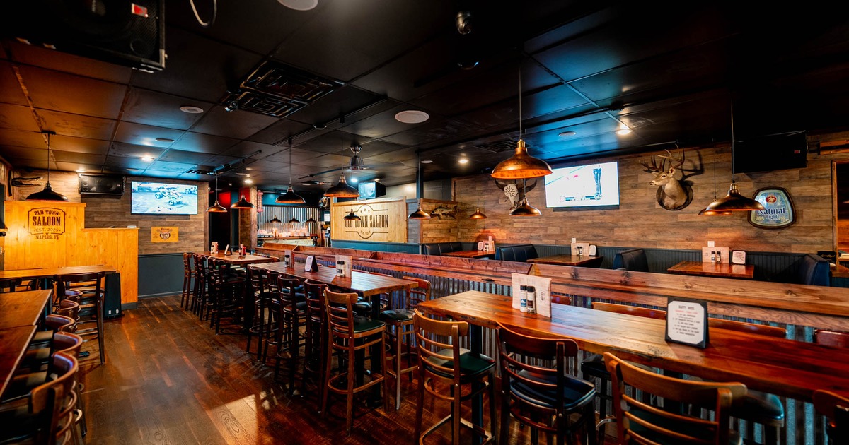 Interior, high tables and chairs lined up