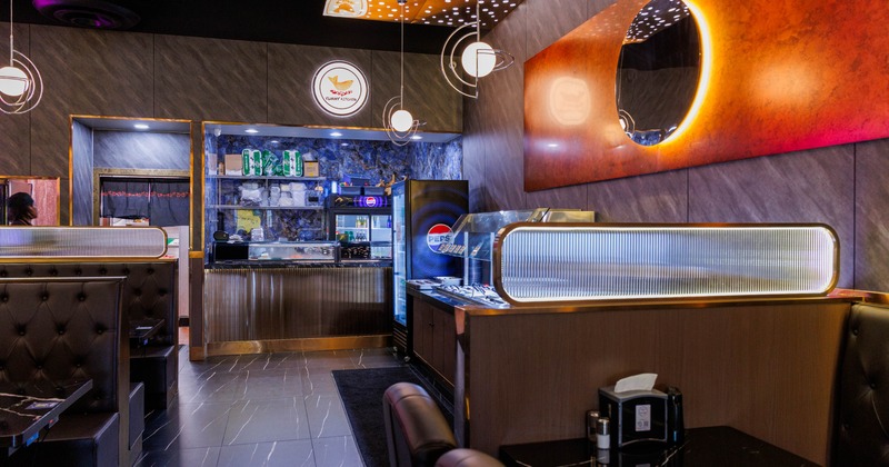 Interior, seating booths lined up