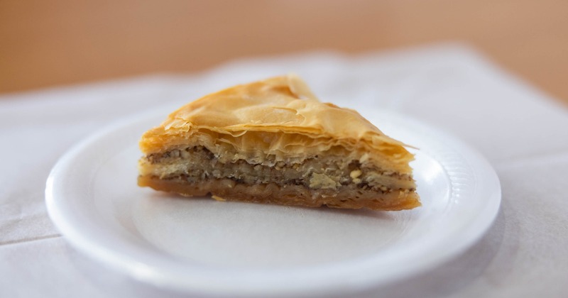 Baklava slice served on a white plate