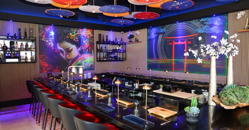 Modern and spacious restaurant interior, dining area and bar