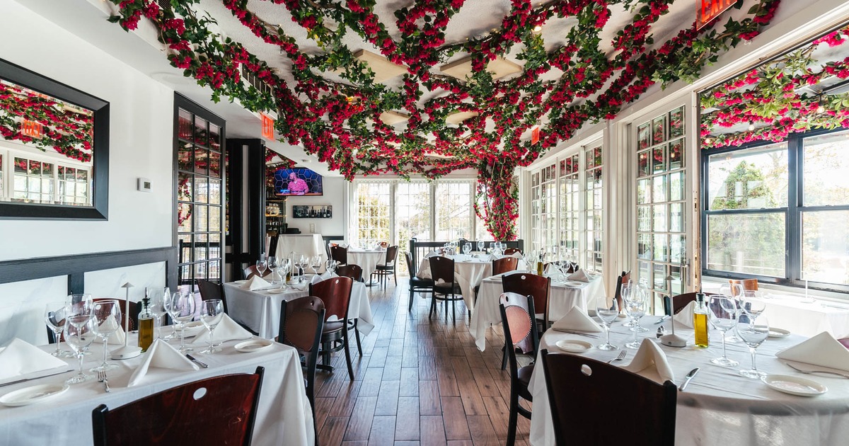 Dining area with hanging flowers