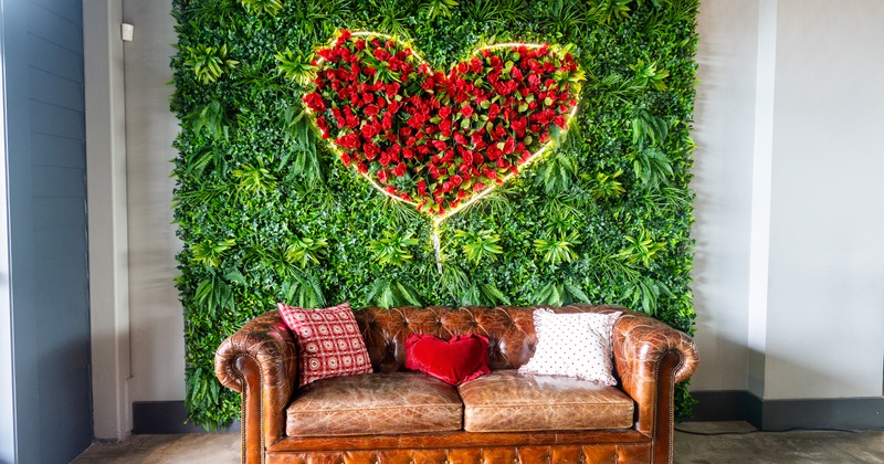 Couch in front the green plant wall with heart of flowers in center