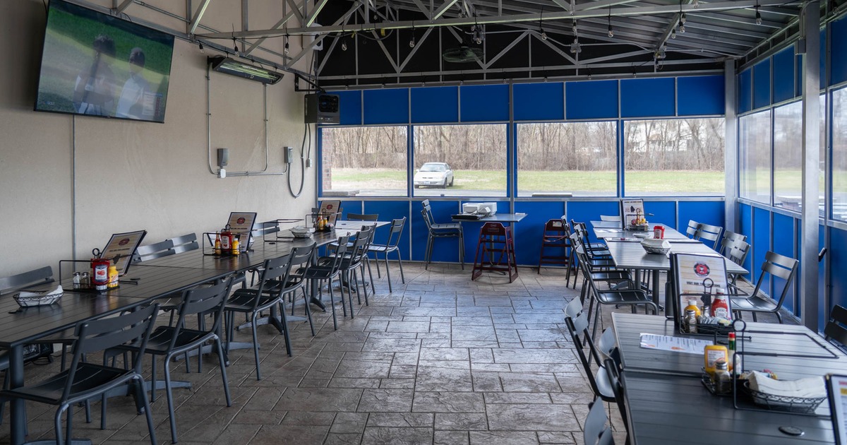 Outdoor, covered patio with tables and chairs