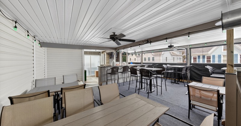 Interior, seating space with tables and chairs