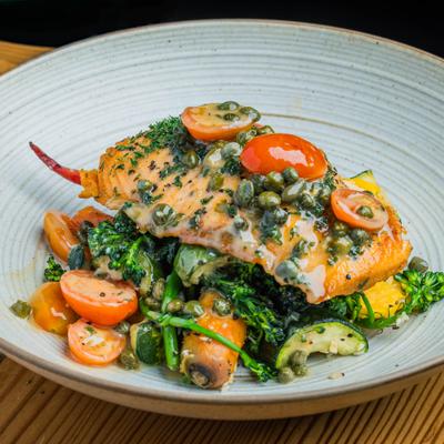 Salmon Picatta, with capers and veggies.