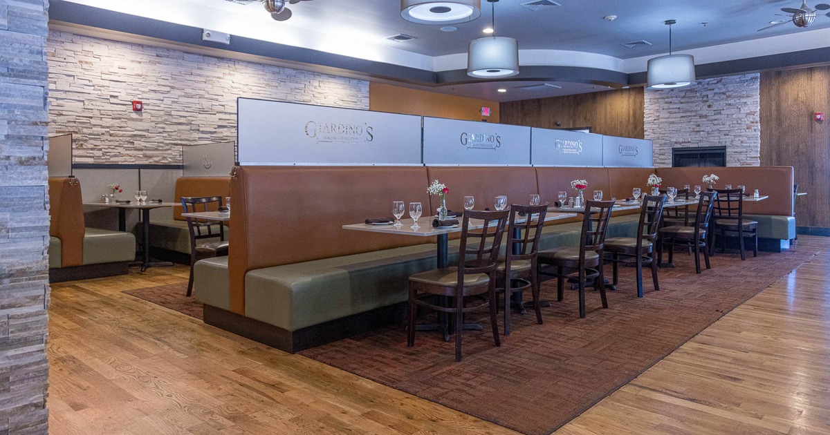 Interior, long seating bench, tables and chairs