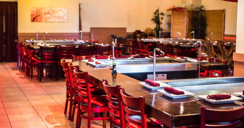 Interior, set hibachi tables and chairs lined up