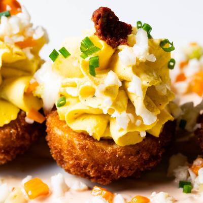 Fried Deviled Eggs, close-up.