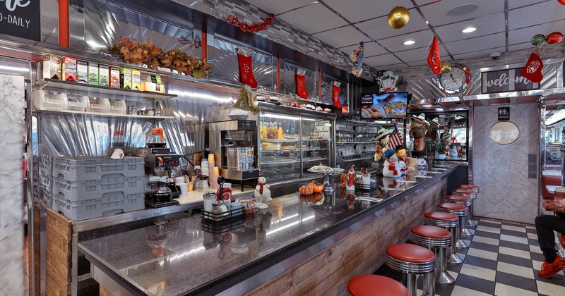 Interior, bar and red leather bar stools