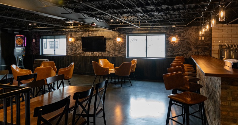 Interior, Bar, bar stools, bar area, armchairs and tables, diner  area,  tables and chairs