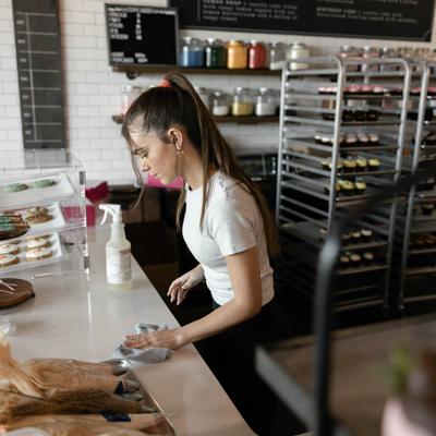 Interior, an employee in action.