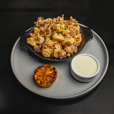 Fried calamari, served.