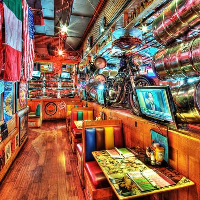 Colorful diner interior with vintage decor, brightly lit