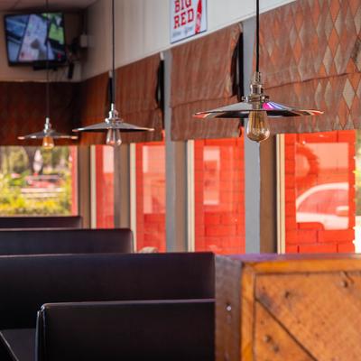 Restaurant interior, booths and lighting.