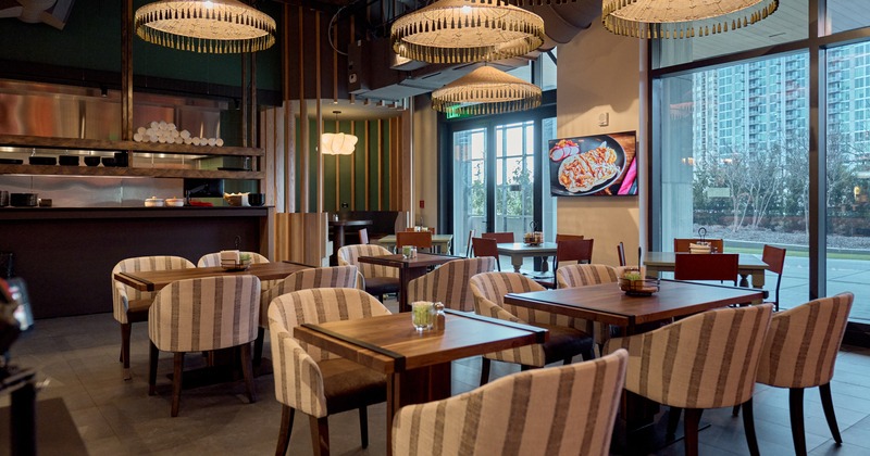 Interior, diner area,  tables and chairs, wide view