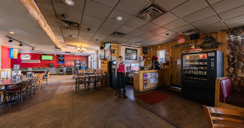 Interior, wide view with the bar and dining area