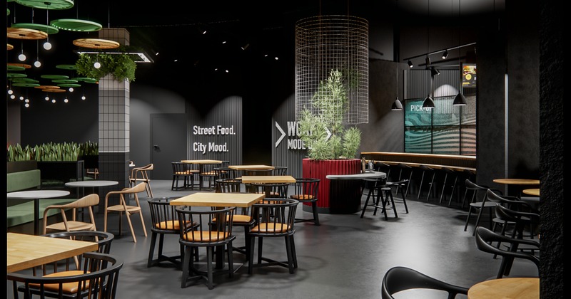Modern dining area with round tables and chairs
