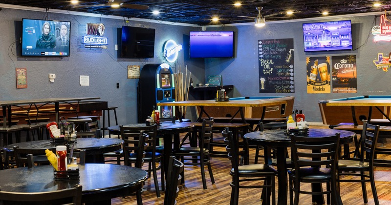 Seating space with a pool table