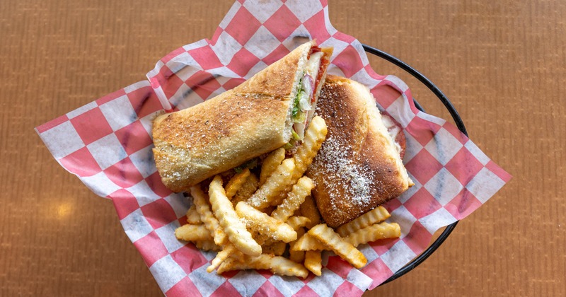 Crispy toasted Italian sandwich served with crinkle-cut fries
