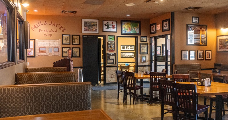 Interior, seating area, booths, tables and chairs