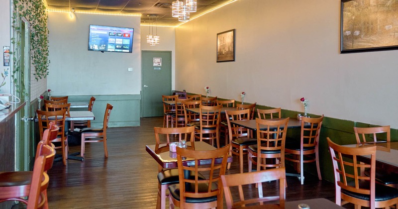 Interior, tables and chairs ready for guests