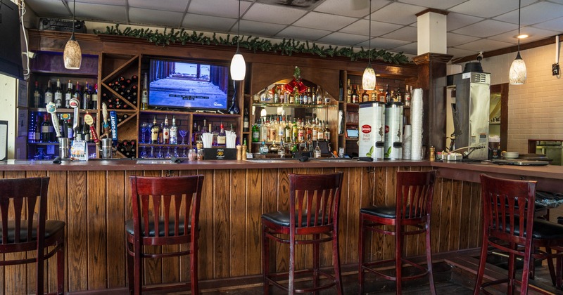 Interior, bar area, bar and bar stools