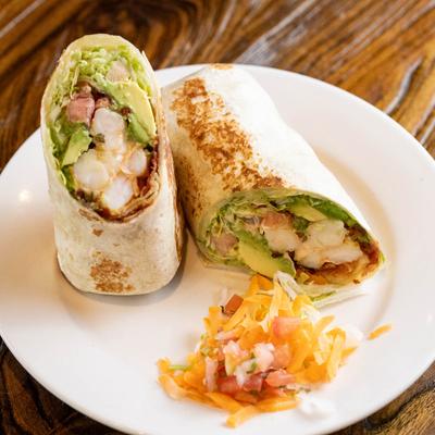 Shrimp, avocado and bacon wrap.