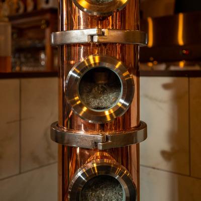 Alcohol bubbling in our 10 plate refracting column still