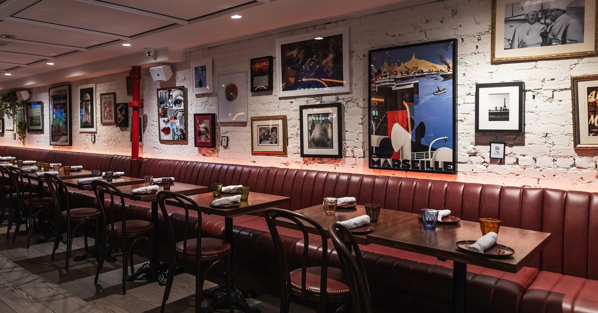 Interior, diner area, booths, side view