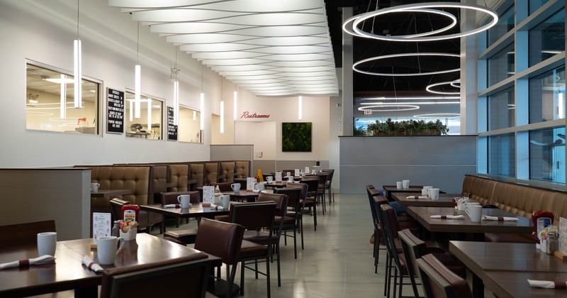 Interior, booths and tables all lined up