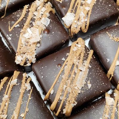Chocolate peanut butter squares, top view, close up.