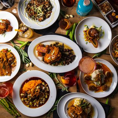 Various served dishes, top view