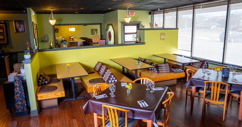 Interior, seating area with tables and chairs