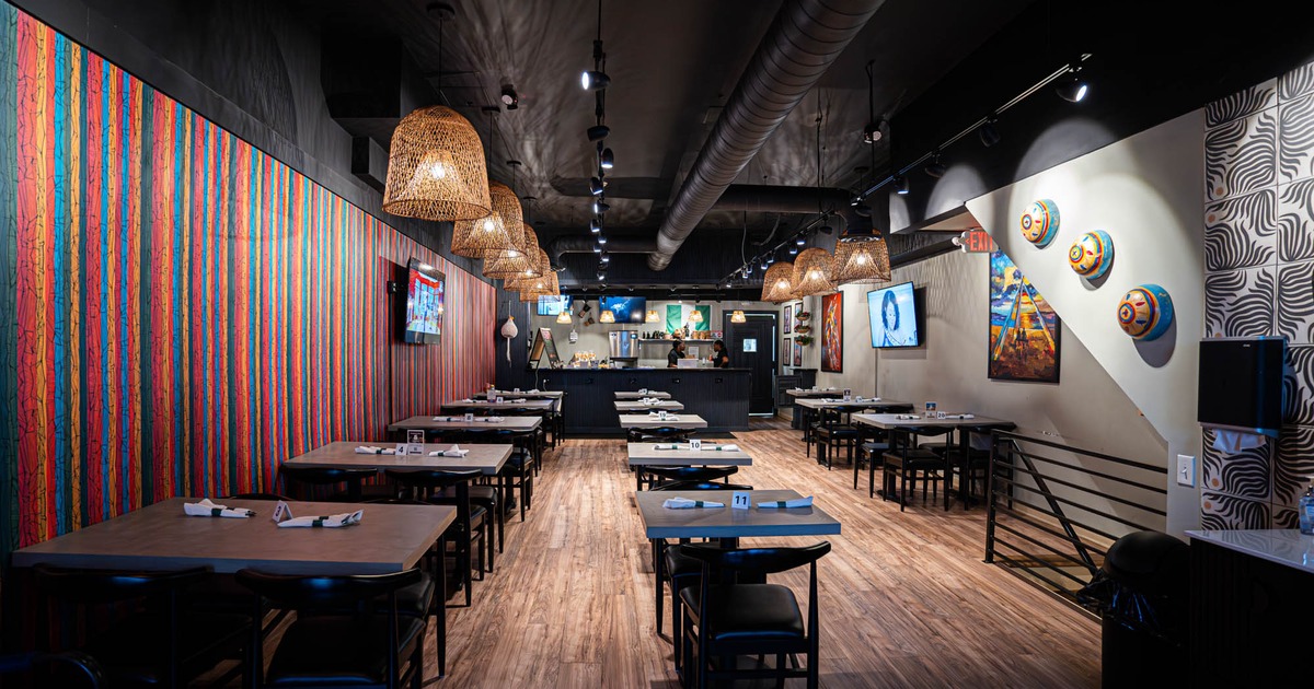 Interior, tables and chairs lined up