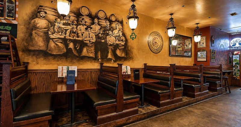 Interior, wooden booths with tables