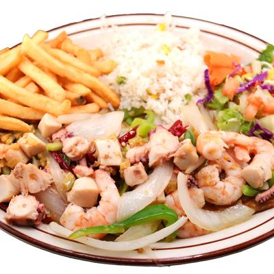 Shrimp and octopus sautéed with onions and peppers, served with fries, rice and a salad.