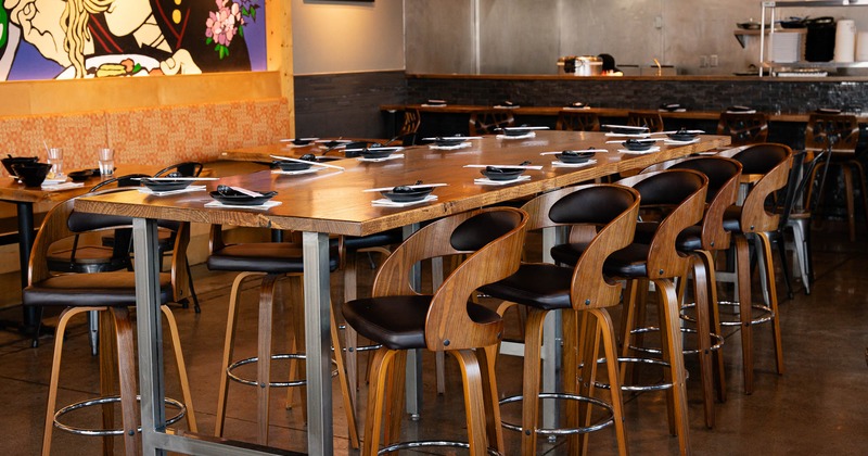 Interior, high seating chairs and tables