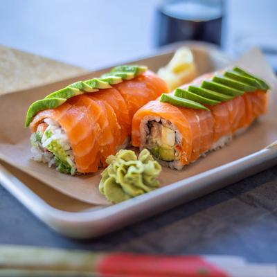 Philly Rolls, topped with salmon and avocado.