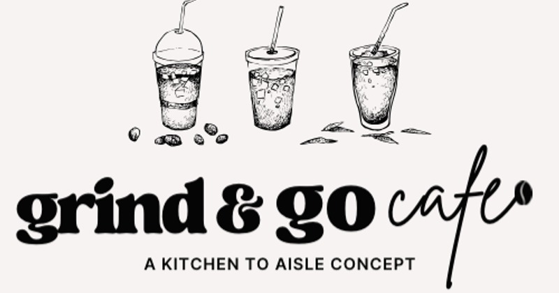 Grind and Go Cafe logo with illustrated drinks