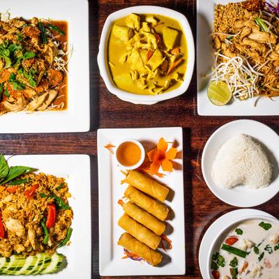 Assortment of dishes, overhead view