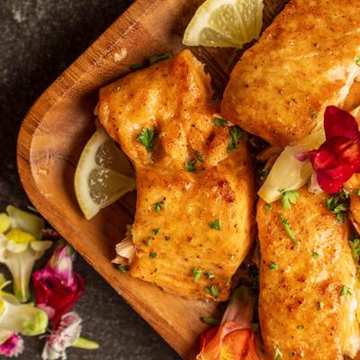 Smoked salmon, served, top view, closeup