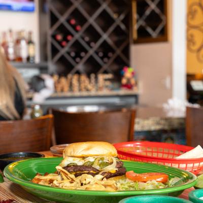 Fiesta Burger with cheese fries.