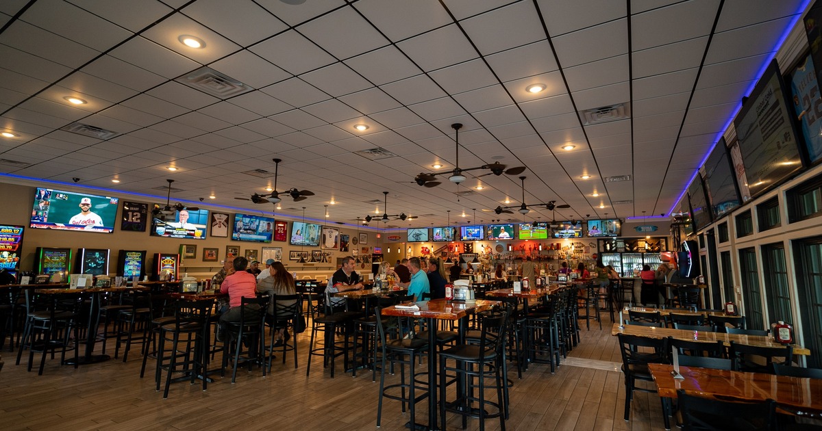 Interior, rows of tables and chairs