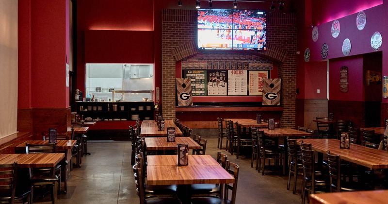 Interior, tables and chairs in seating area