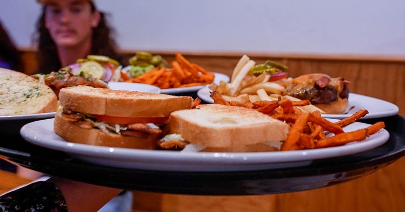BLT sandwich, with mayo, and sweet potato fries