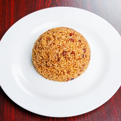 Black rice and beans, plated and served.