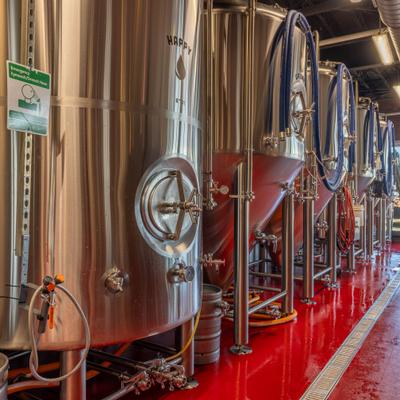 Beer brewing tanks.