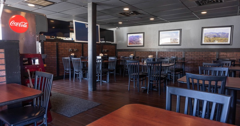 Interior, seating area with tables and chairs