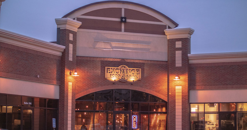 Exterior, The Exchange Food & Drink entrance, night