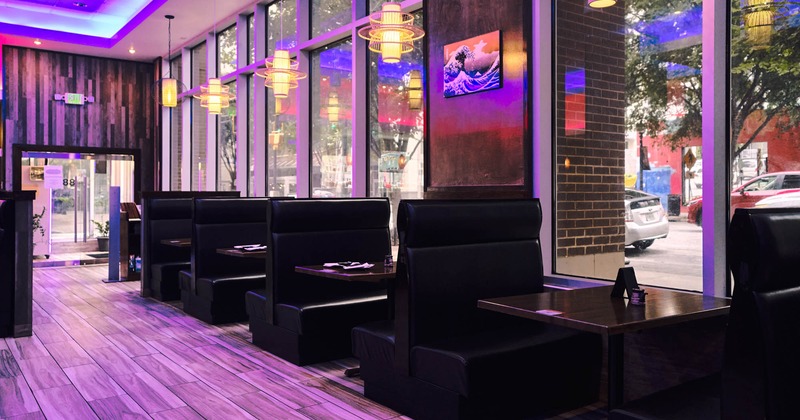 Interior, tables and seating booths lined up